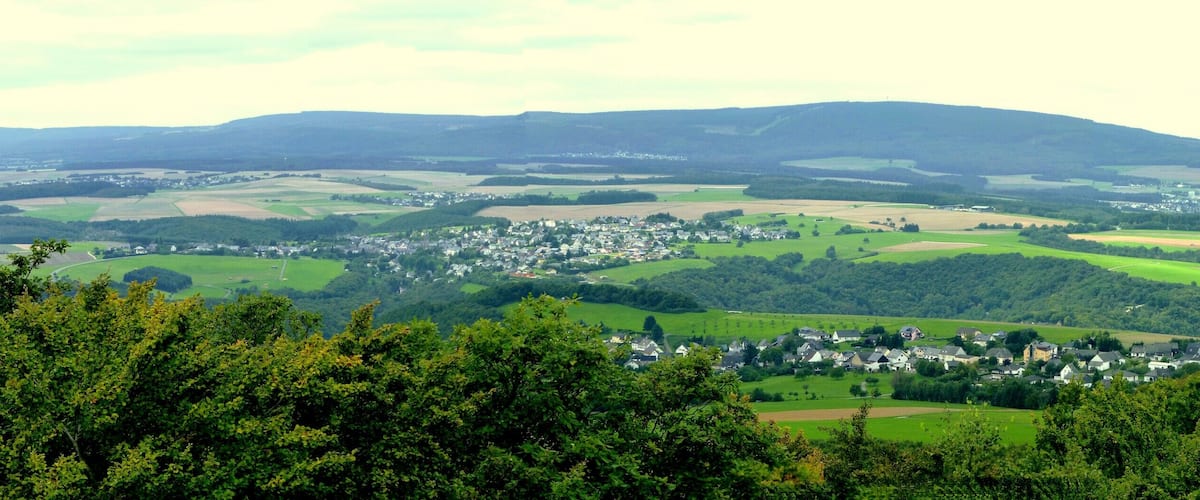 A rural landscape with rolling hills, a small village, and a forested area in the foreground.