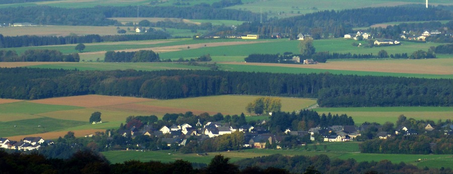 A rural landscape with rolling fields, scattered houses, and dense forests.