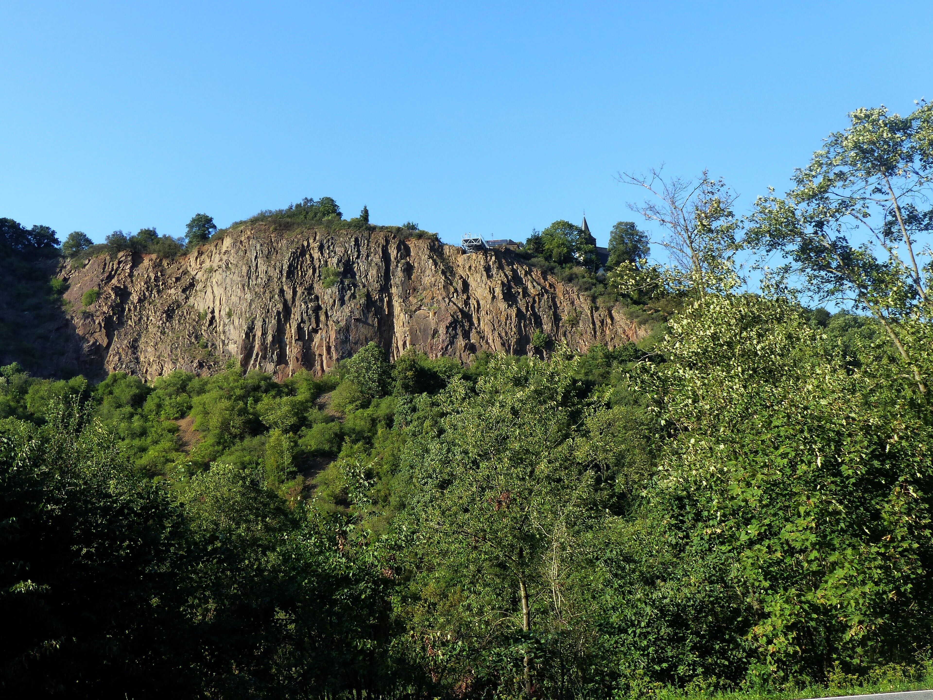 A rocky cliff with dense forest in the foreground.