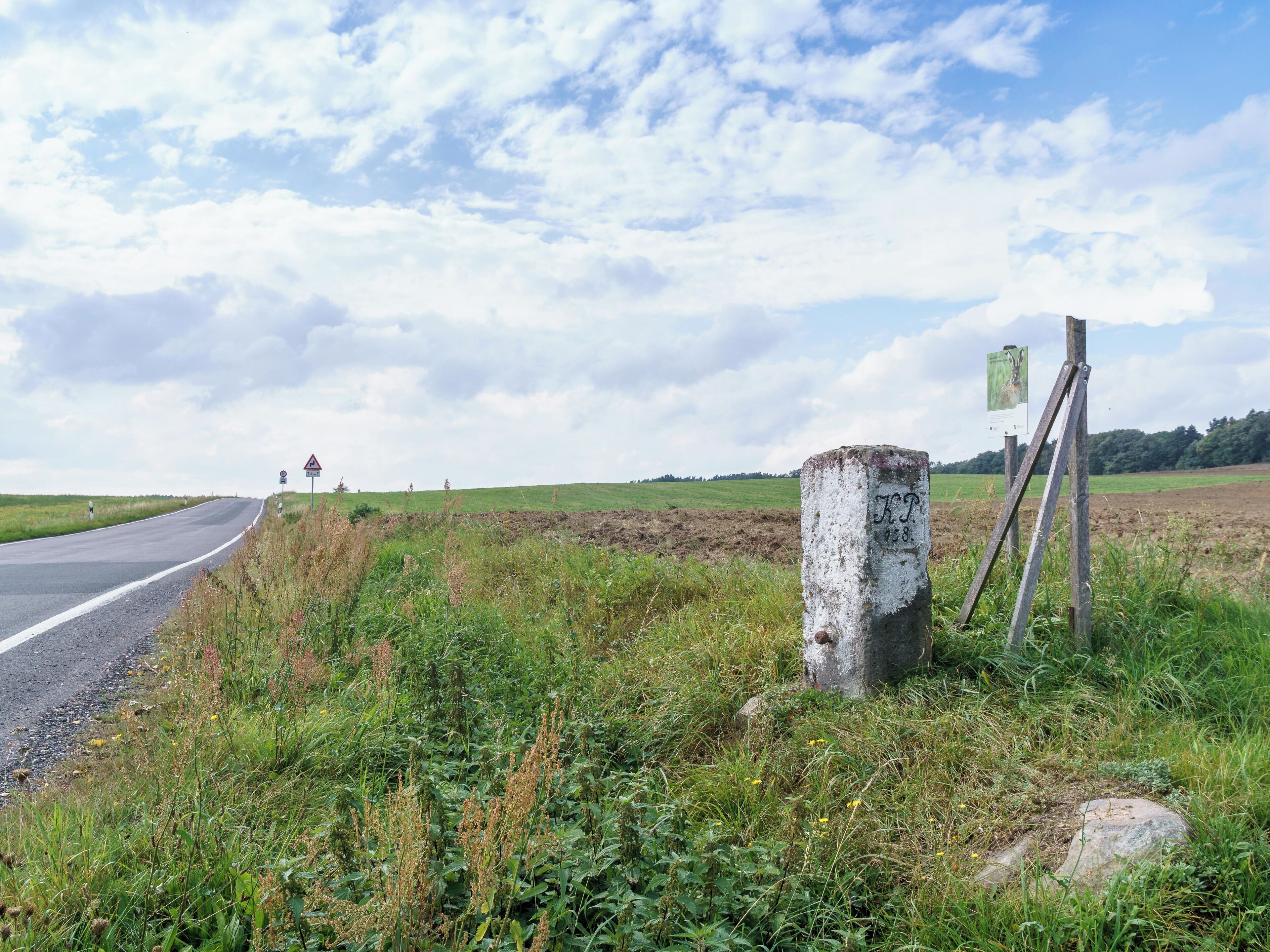 A rural road with a white post and a signboard in the foreground, surrounded by greenery and fields.