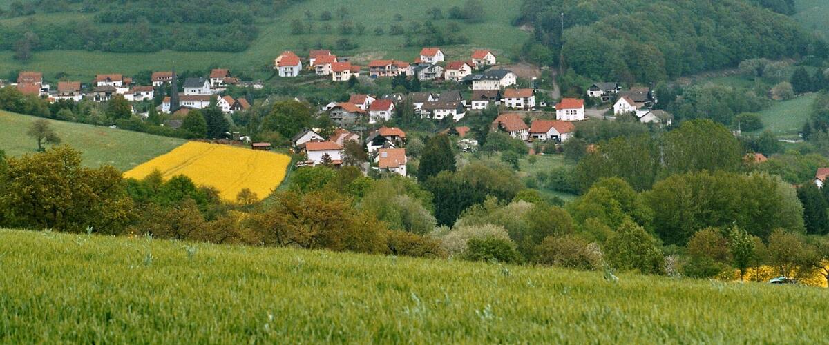 A village nestled in green hills with red-roofed houses and a yellow field.
