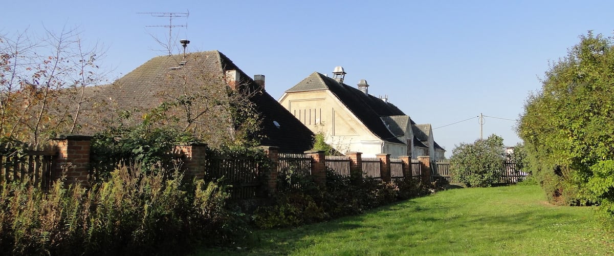 A rural landscape with a thatched-roof house, a white house with a gabled roof, and a clear blue sky.