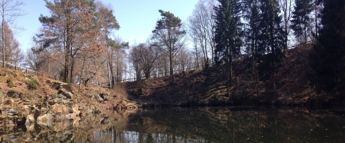 A calm river reflecting trees and a rocky bank.