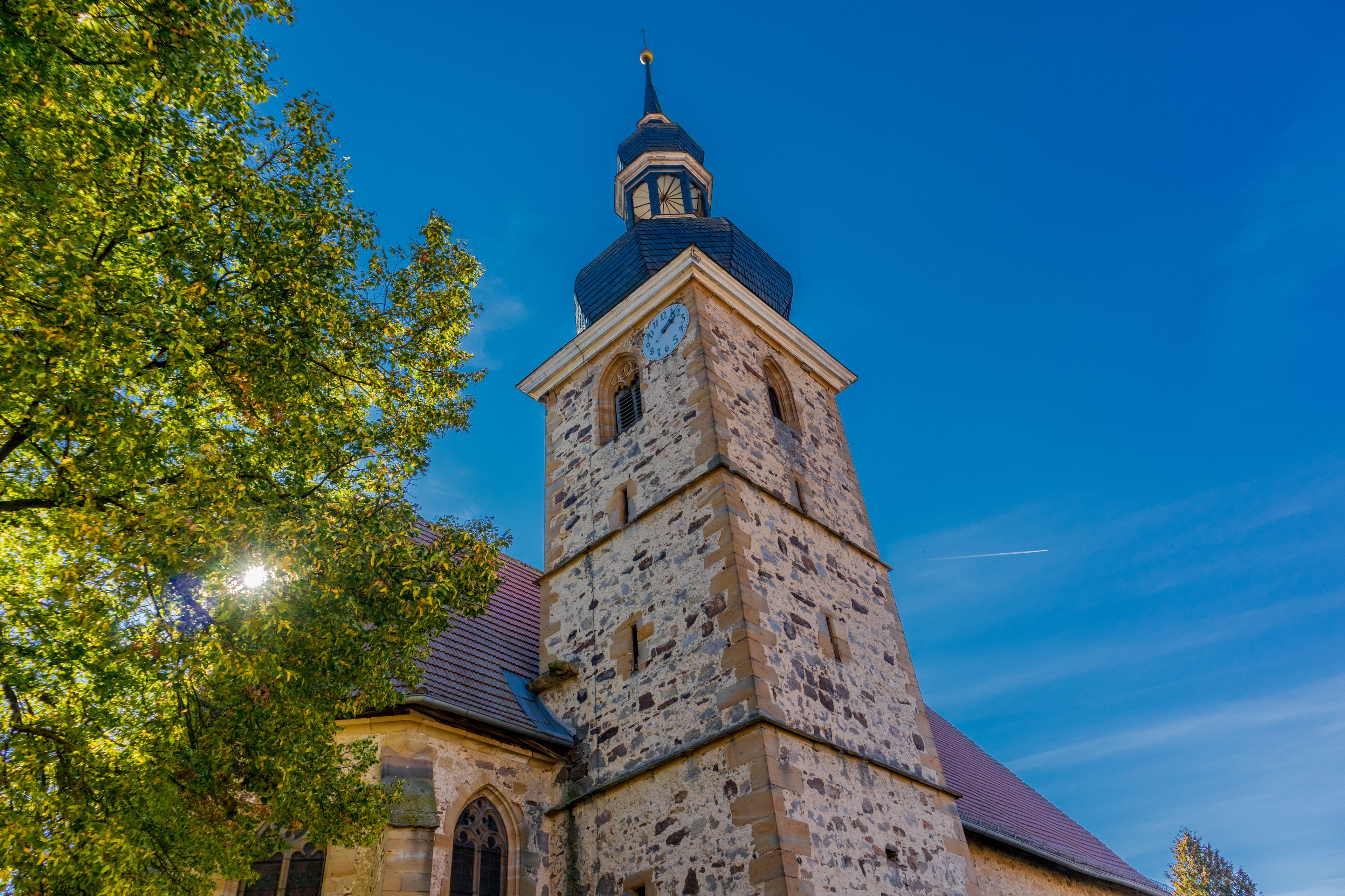 En historisk stengulds kirke med et tårn, omgivet af træer.