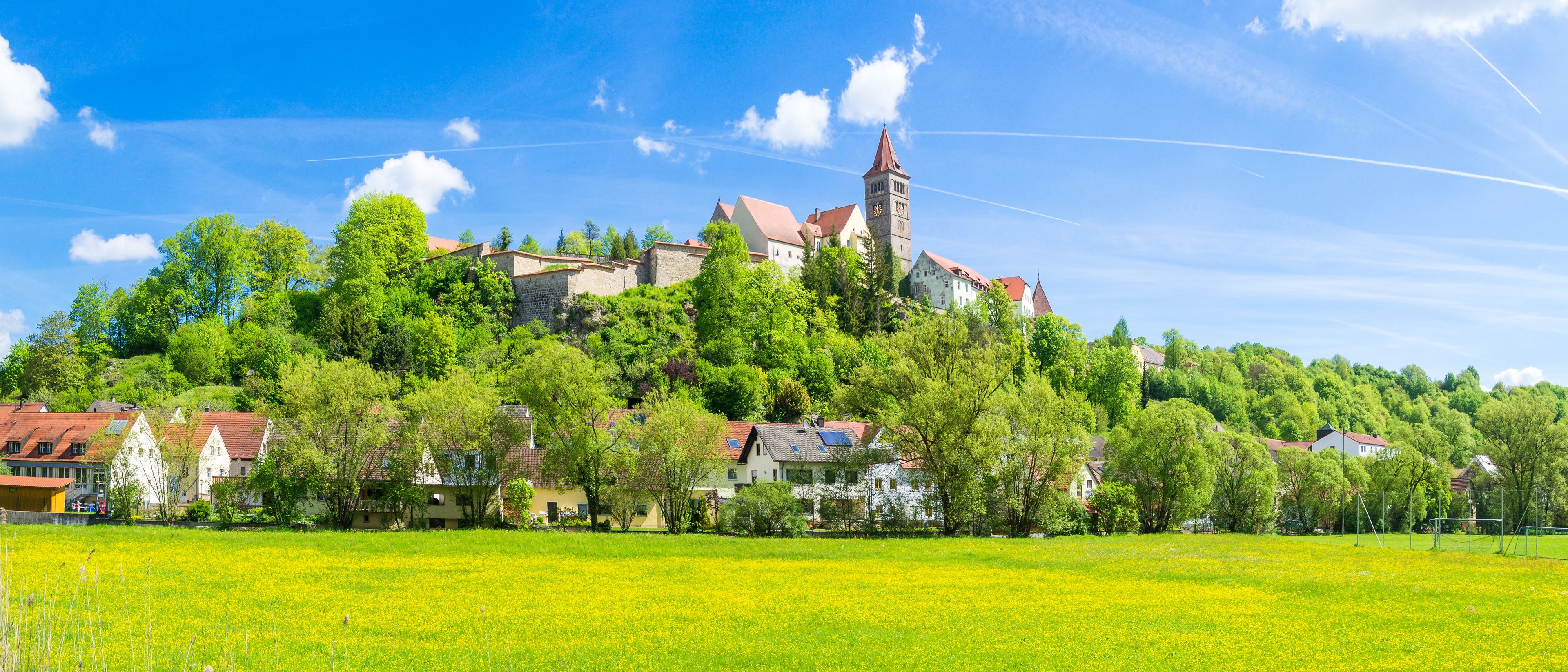 A hilltop town with a prominent church, surrounded by lush greenery and a field of yellow flowers.