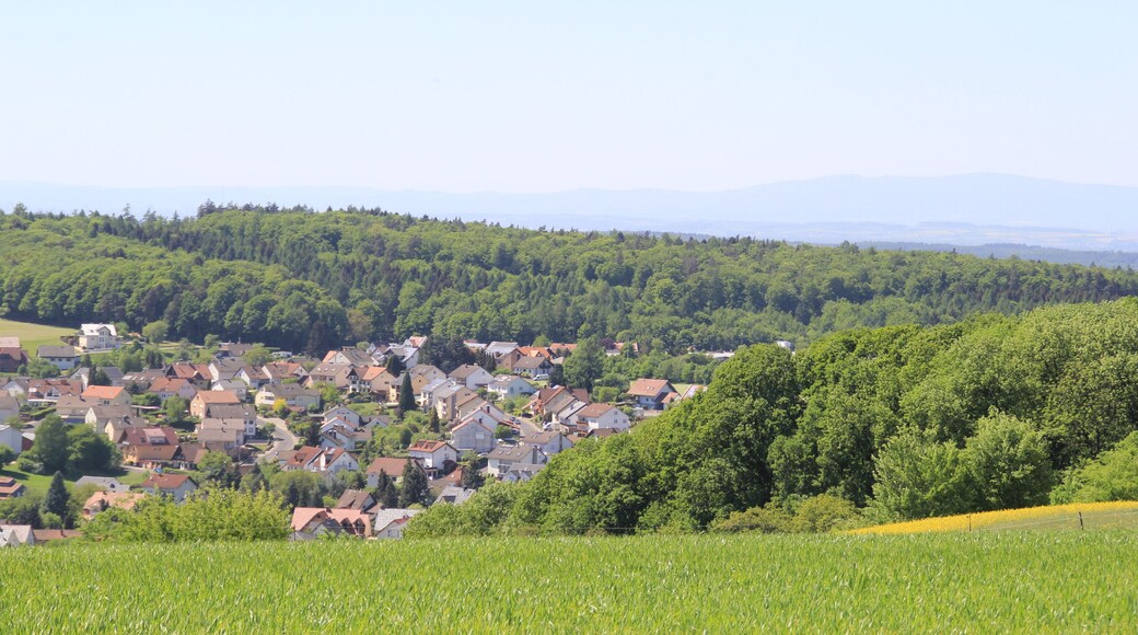 Die Berge Heidköpfe in der Sölzert bei Geiselbach (im Vordergrund das Dorf, im Hintergrund der Taunus)