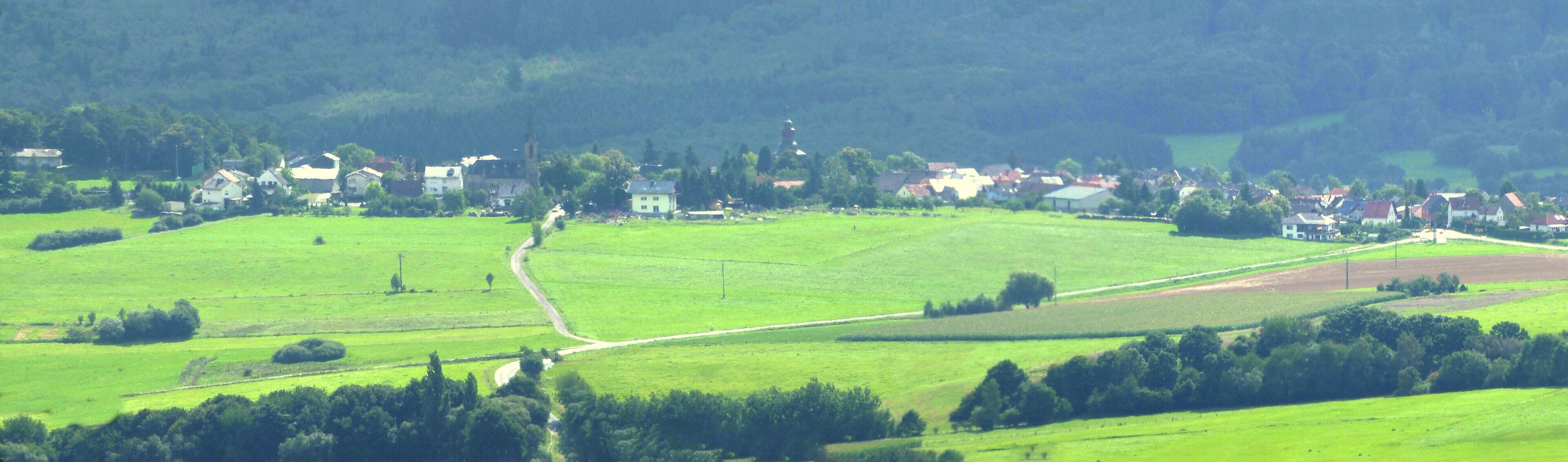A rural landscape with green fields, a church, and scattered houses.