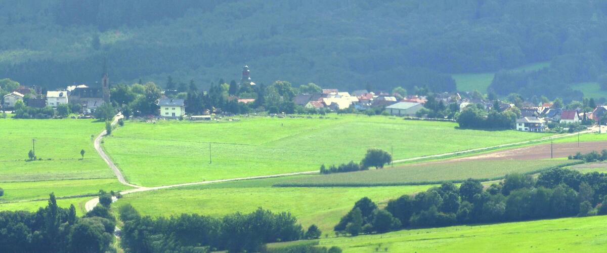 A rural landscape with green fields, a church, and scattered houses.
