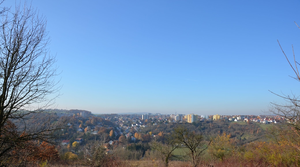View of the main valley of Gerbrunn between the Happachberg and the Zottenhügel. The course of the main road winding through the vally is hinted by the houses. The roman catholic church St. Nikolaus is clearly visible. Some of the Julius-Maximilians-Universität Würzburg's buildings (Hubland campus) can be made out in the center of the Picture at the end of the build-up area. In the background one can see the Frankenwarte and the radio towers on the Nikolausberg near Wuerzburg.
