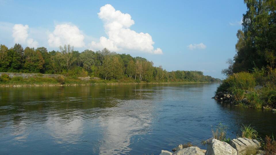 A calm river with rocks and trees on the banks.
