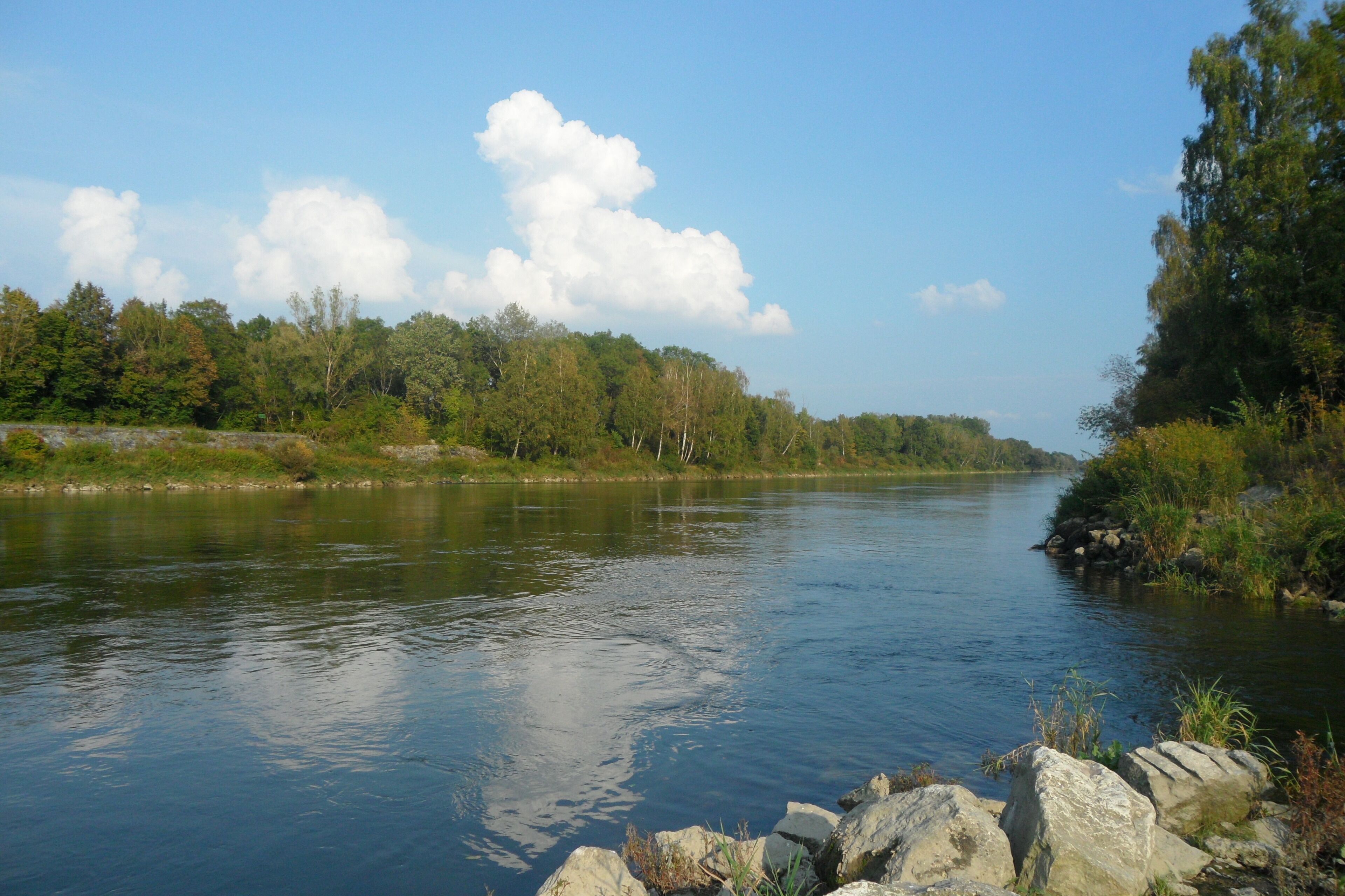 A calm river with rocks and trees on the banks.