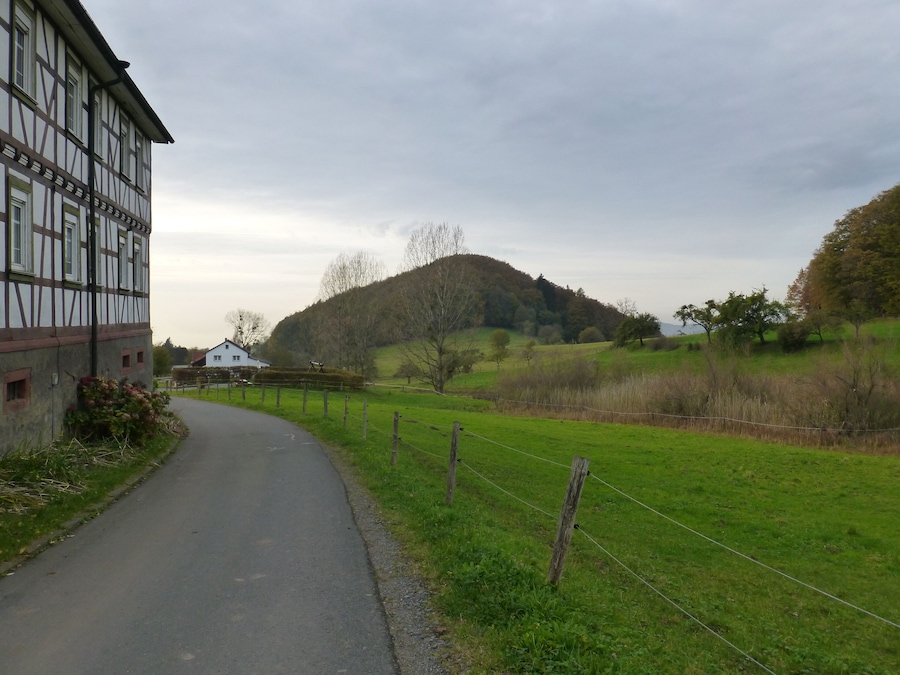 Un camino rural serpentea por un paisaje verde con una colina al fondo y un edificio con entramado de madera a la izquierda.