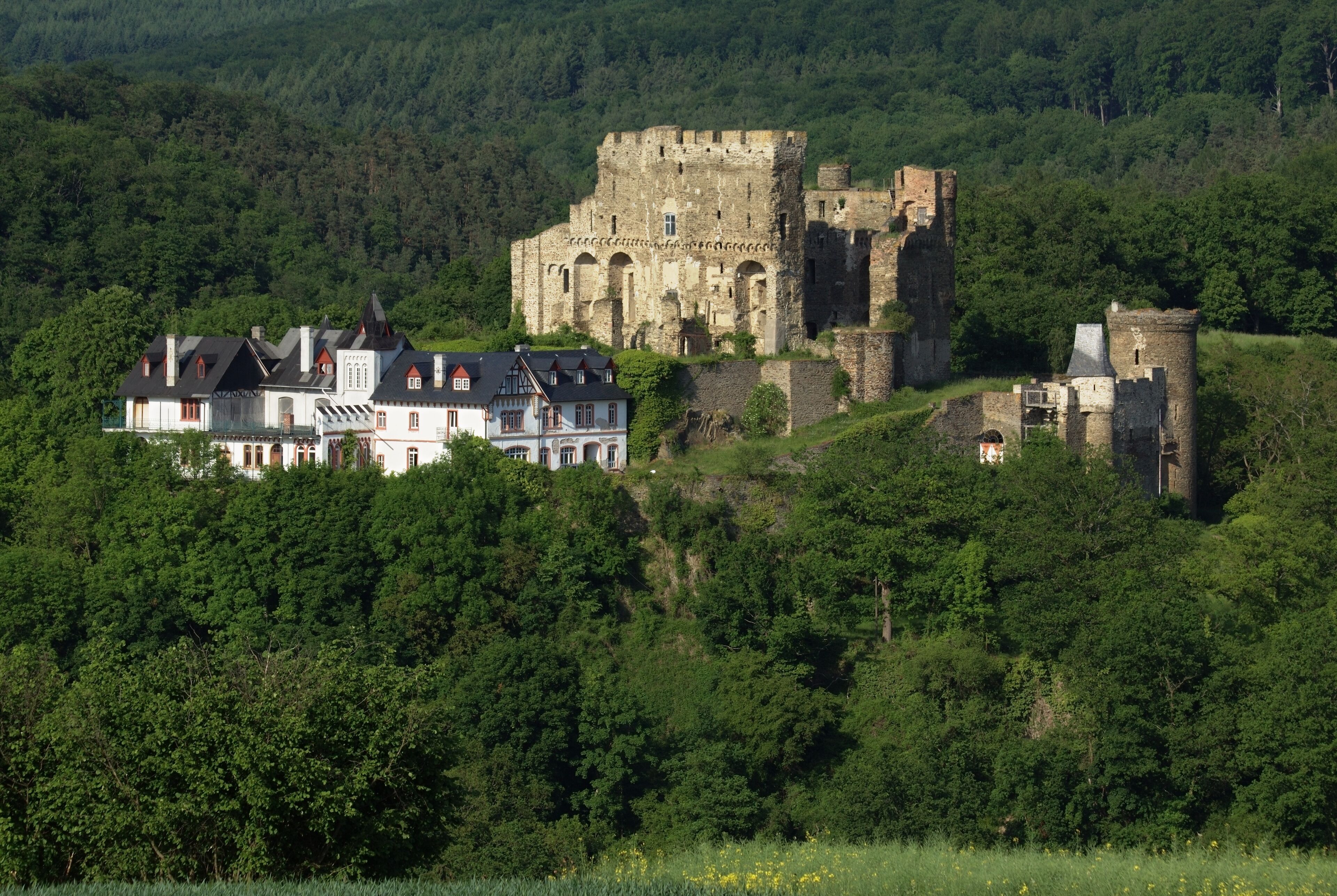A historic castle and a traditional house surrounded by lush greenery.