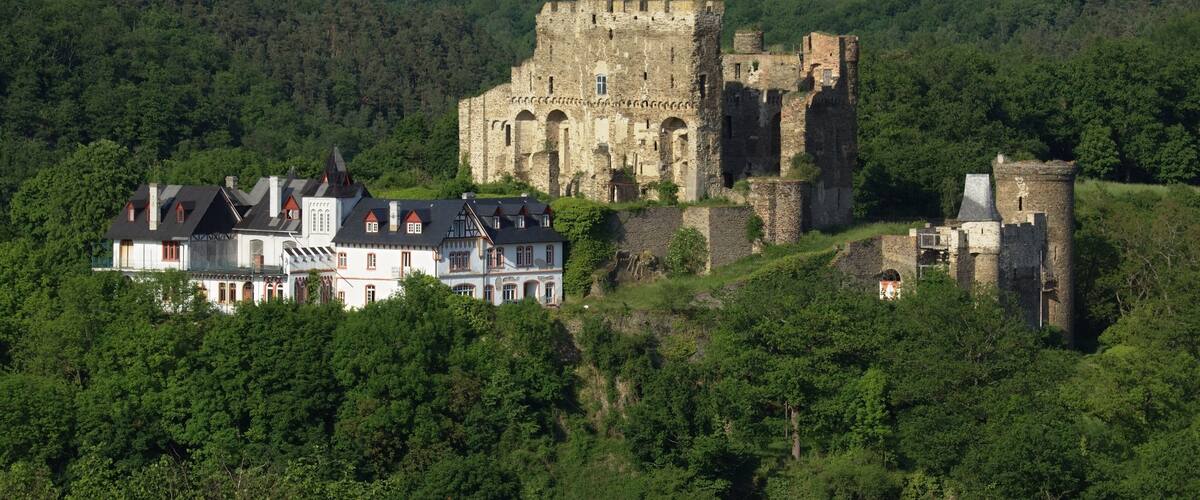 A historic castle and a traditional house surrounded by lush greenery.
