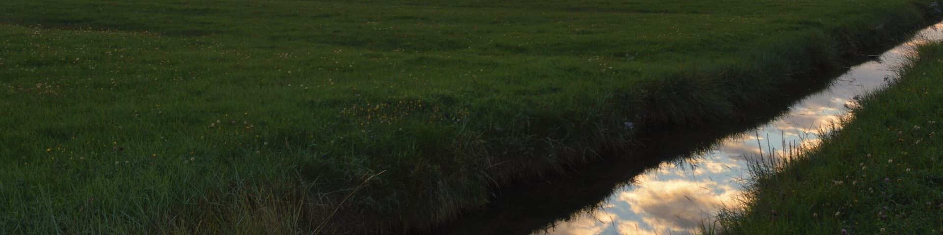 In this picture you can see drainage ditches (also called Grüppen in German). They're typical for the landscape around the North Sea. These drainage ditches in the picture are located on a small flat island in the North Sea called Hallig Hooge. You can see the reflexion of the clouds that are illuminated by the setting sun.