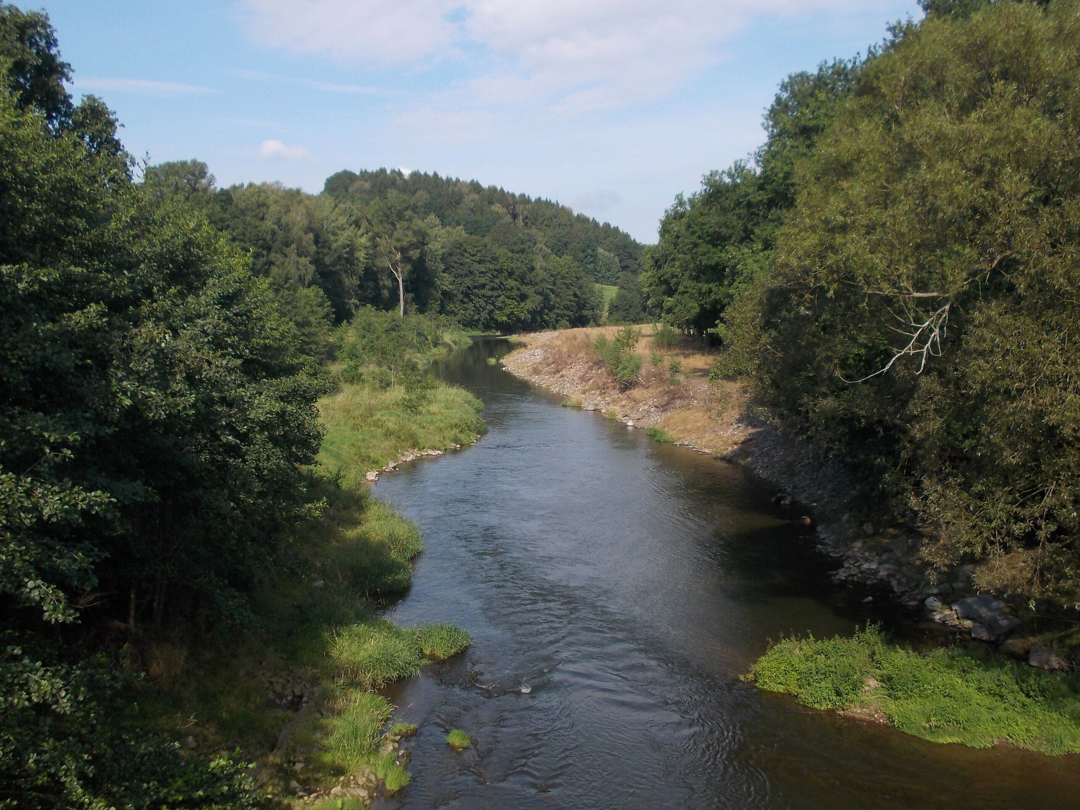 A river flowing through a forested valley with dense trees on both sides.