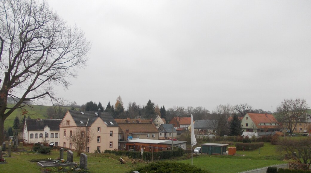 View of a part of Marbach (Striegistal, Mittelsachsen district, Saxony) from the churchyard