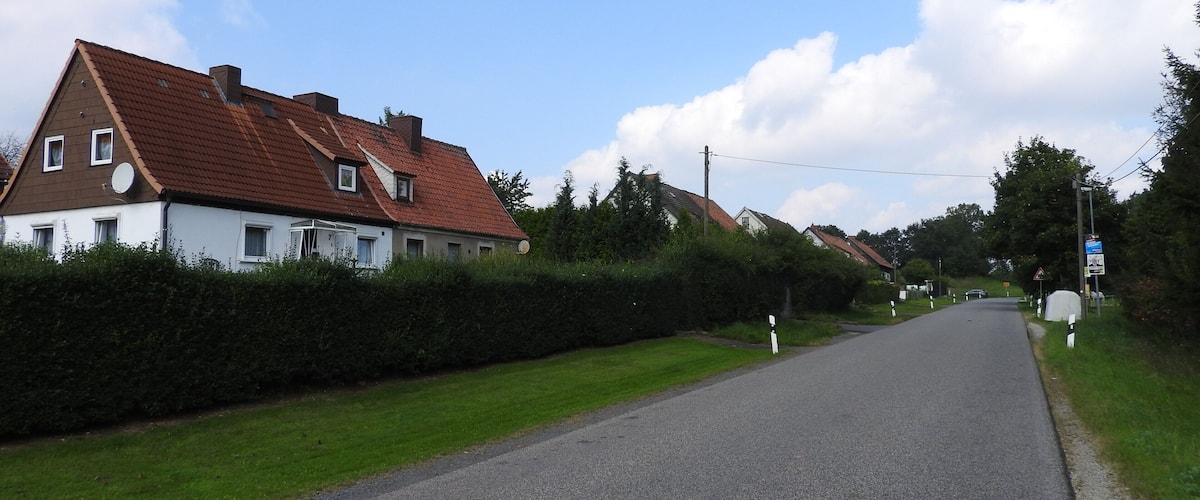 A rural road with houses on one side and a grassy area on the other.