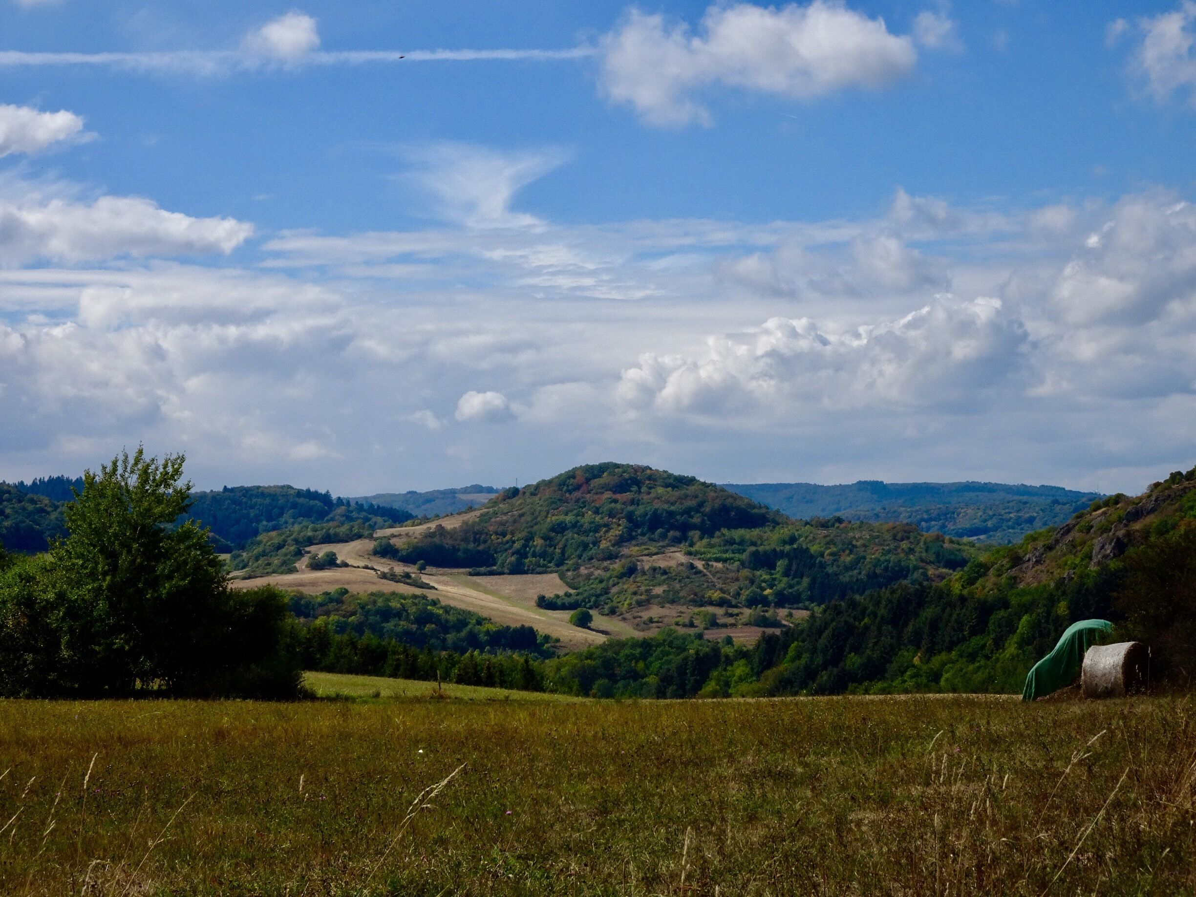 A rural landscape with rolling hills, a clear sky, and a distant airplane.