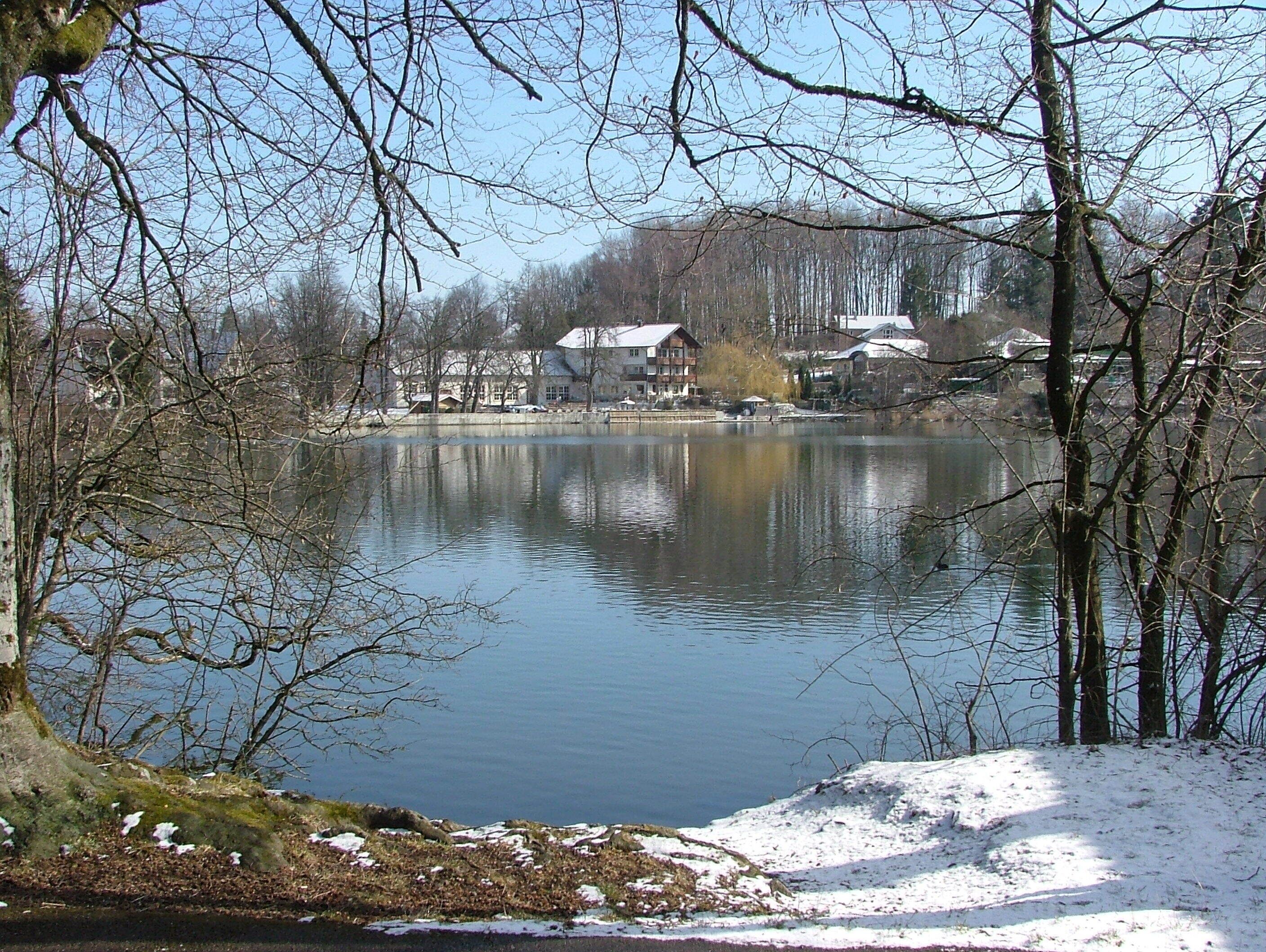 A lake with buildings in the background, surrounded by leafless trees and snow on the ground.