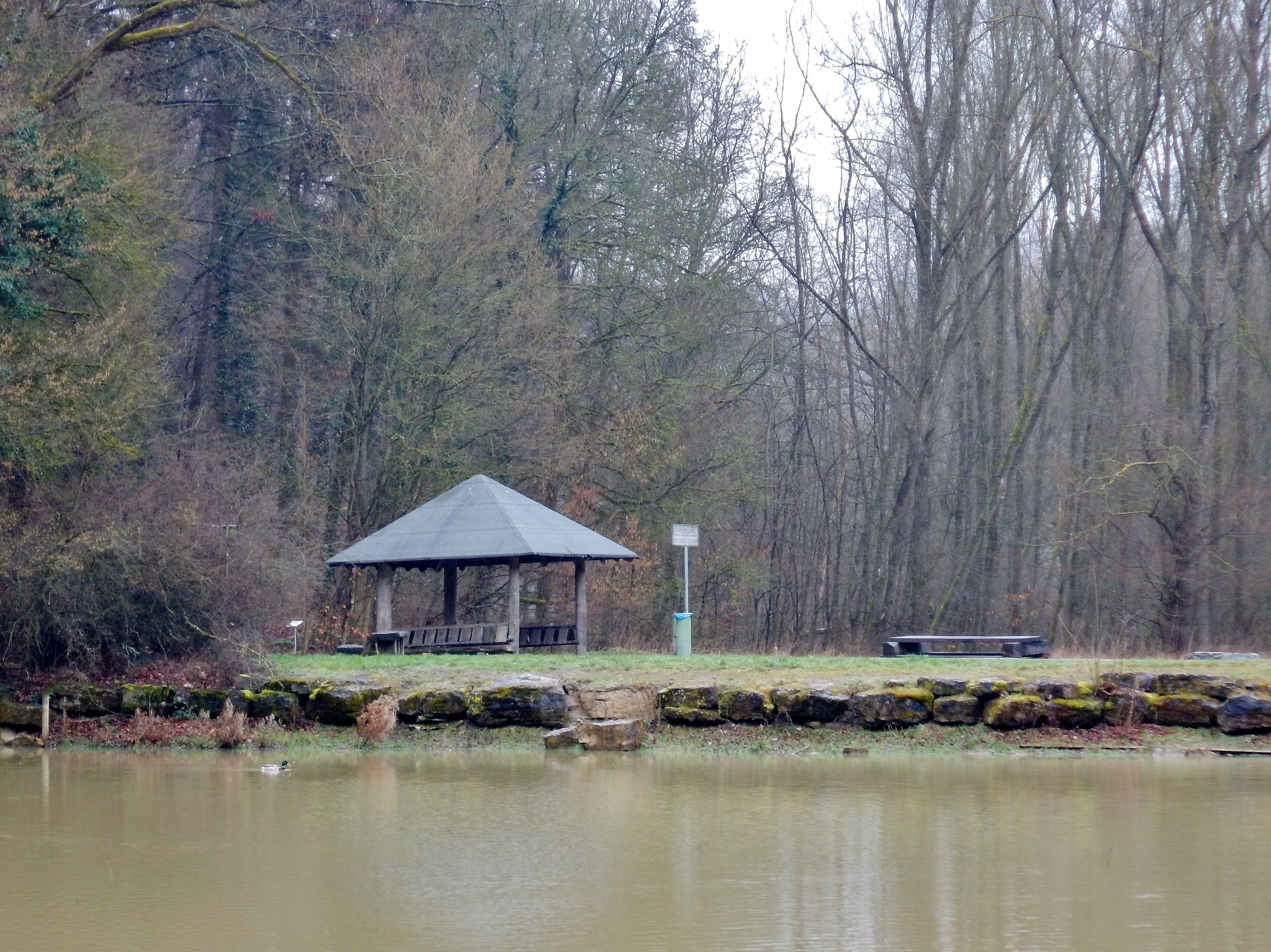 A gazebo by a lake surrounded by trees.