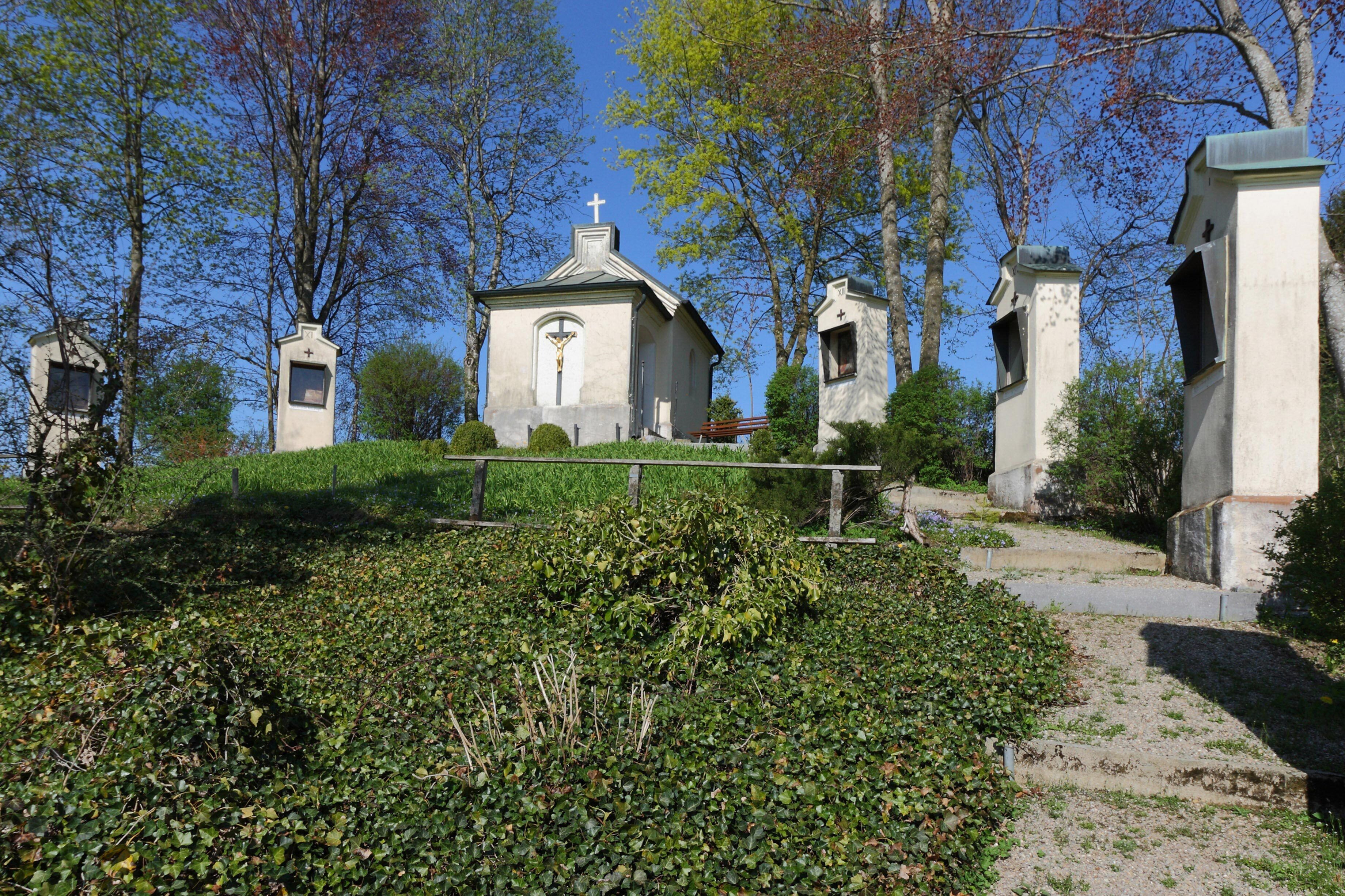 A cemetery with white crosses on tombstones, surrounded by trees and greenery.