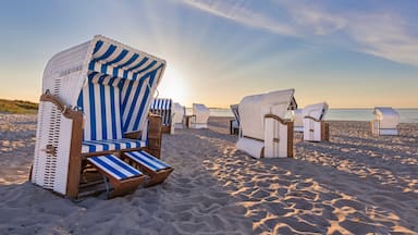 Beach chairs with striped covers on a sandy beach.