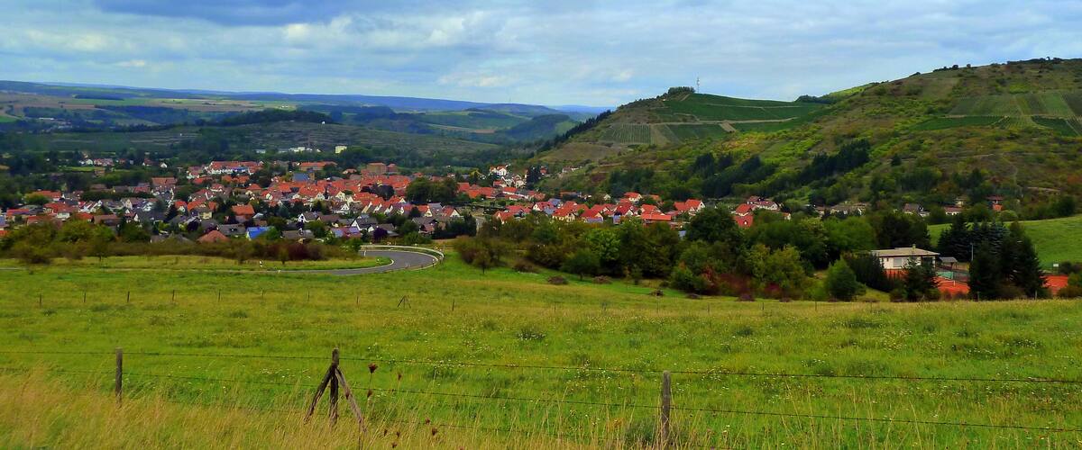 A rural village with red-roofed houses surrounded by green fields and rolling hills.