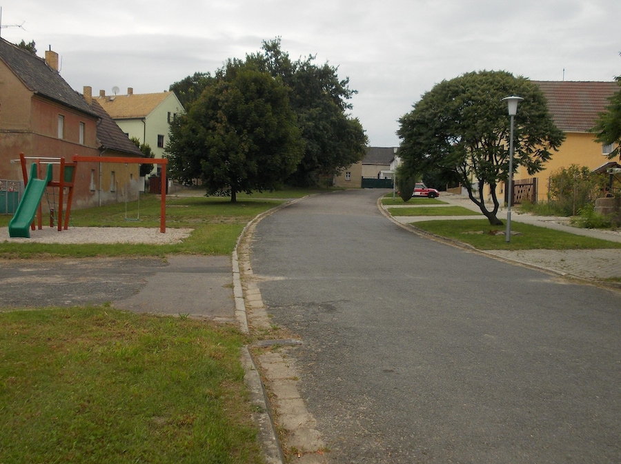 A quiet residential street with houses, a playground, and trees.