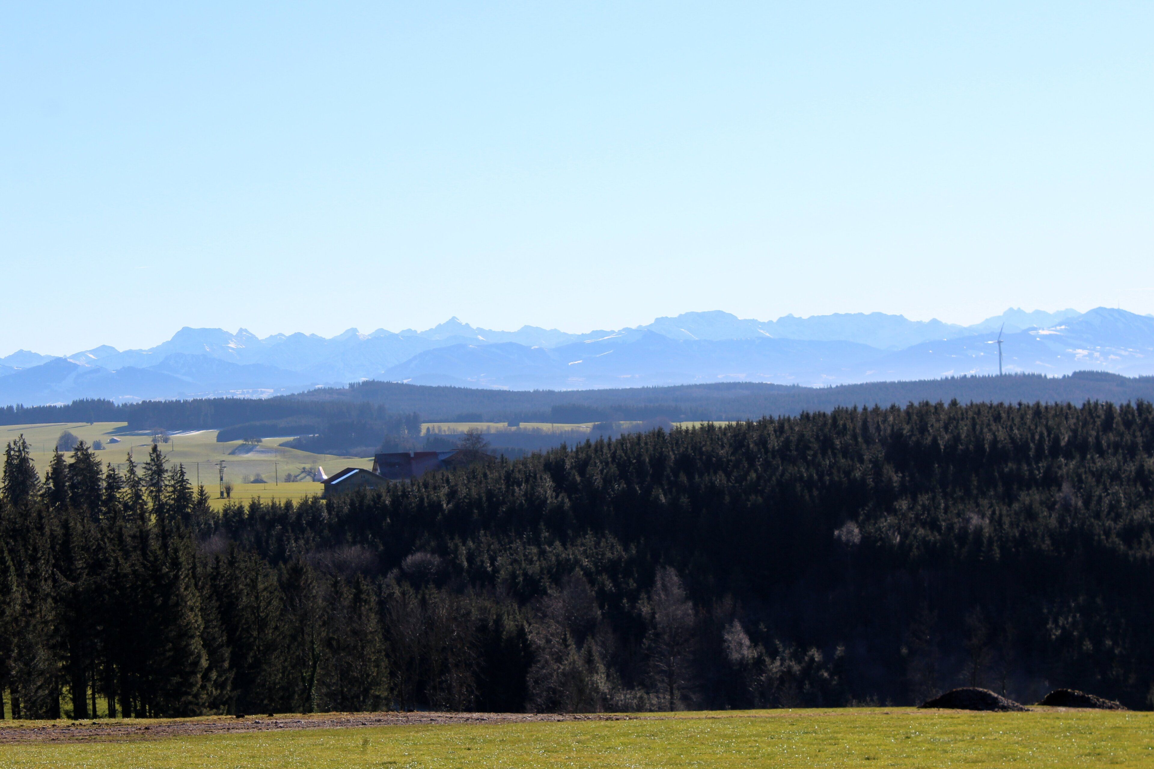 A mountainous landscape with a forested area and a wind turbine.
