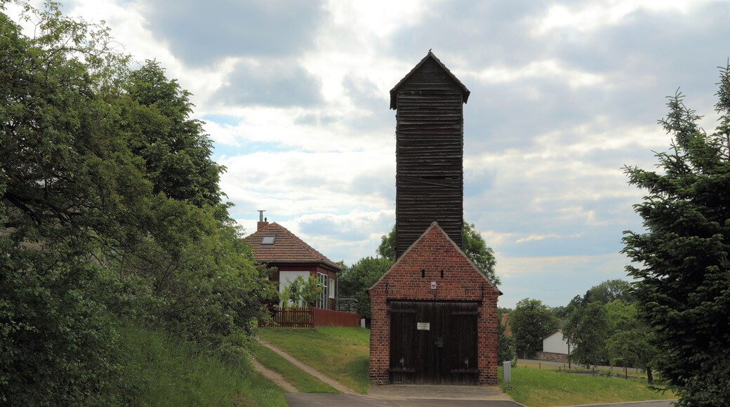 Fire station with hose tower in Goschen, district of Lieberose, Landkreis Dahme-Spreewald, Brandenburg, Germany.