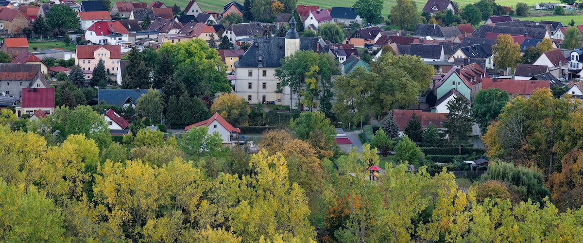 A village with houses, a church, and a green field.