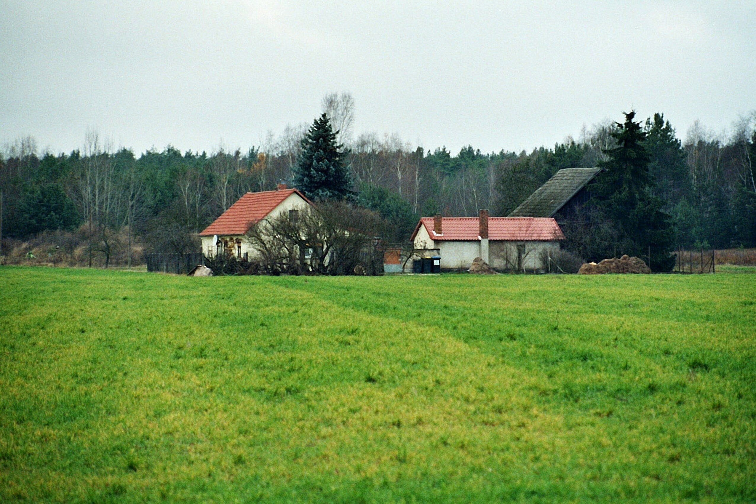 A rural landscape with two barns and a field.