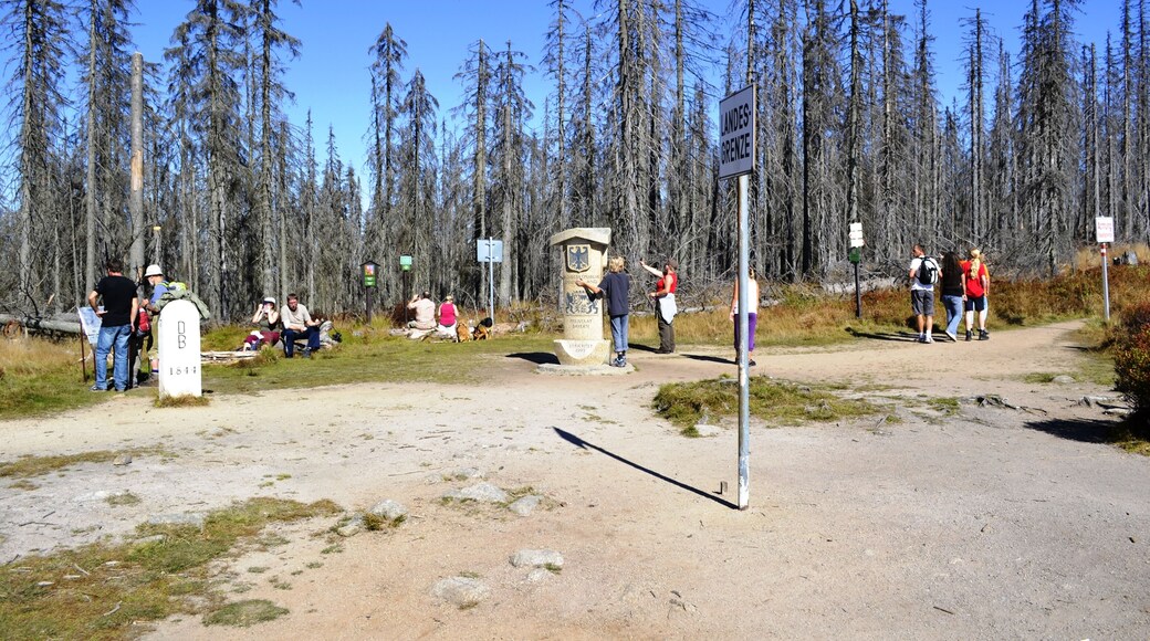 Touristen am Dreilรคndereck Tschechische Republik-รsterreich-Deutschland auf dem Dreisesselbergkamm.