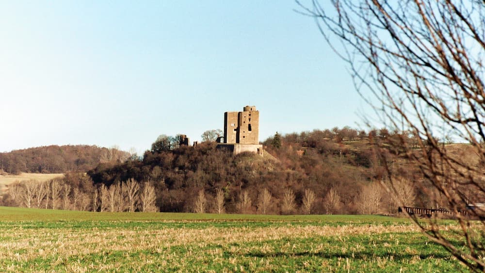 A historic stone tower on a hill with a field in the foreground and trees in the background.