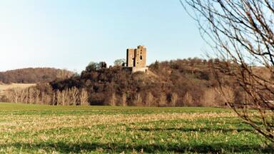 A historic stone tower on a hill with a field in the foreground and trees in the background.