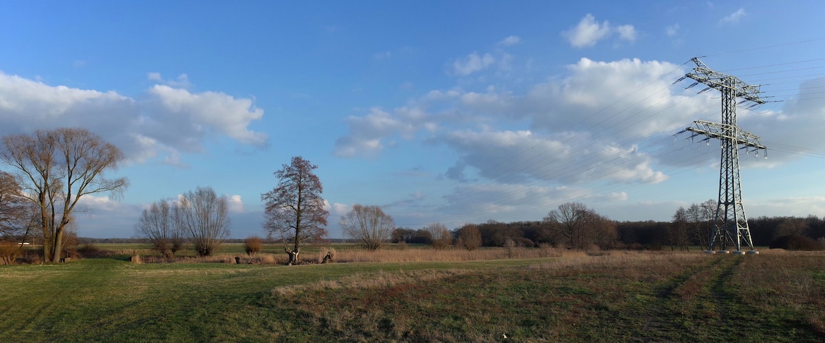 A grassy field with a power line tower and leafless trees under a partly cloudy sky.