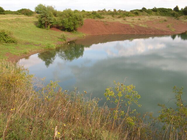 A calm lake surrounded by grassy fields and trees.