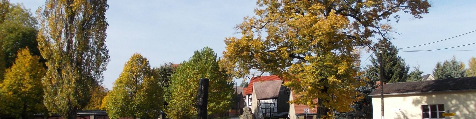 Pond in Rippicha (Gutenborn, district of Burgenlandkreis, Saxony-Anhalt) with World Wars memorial