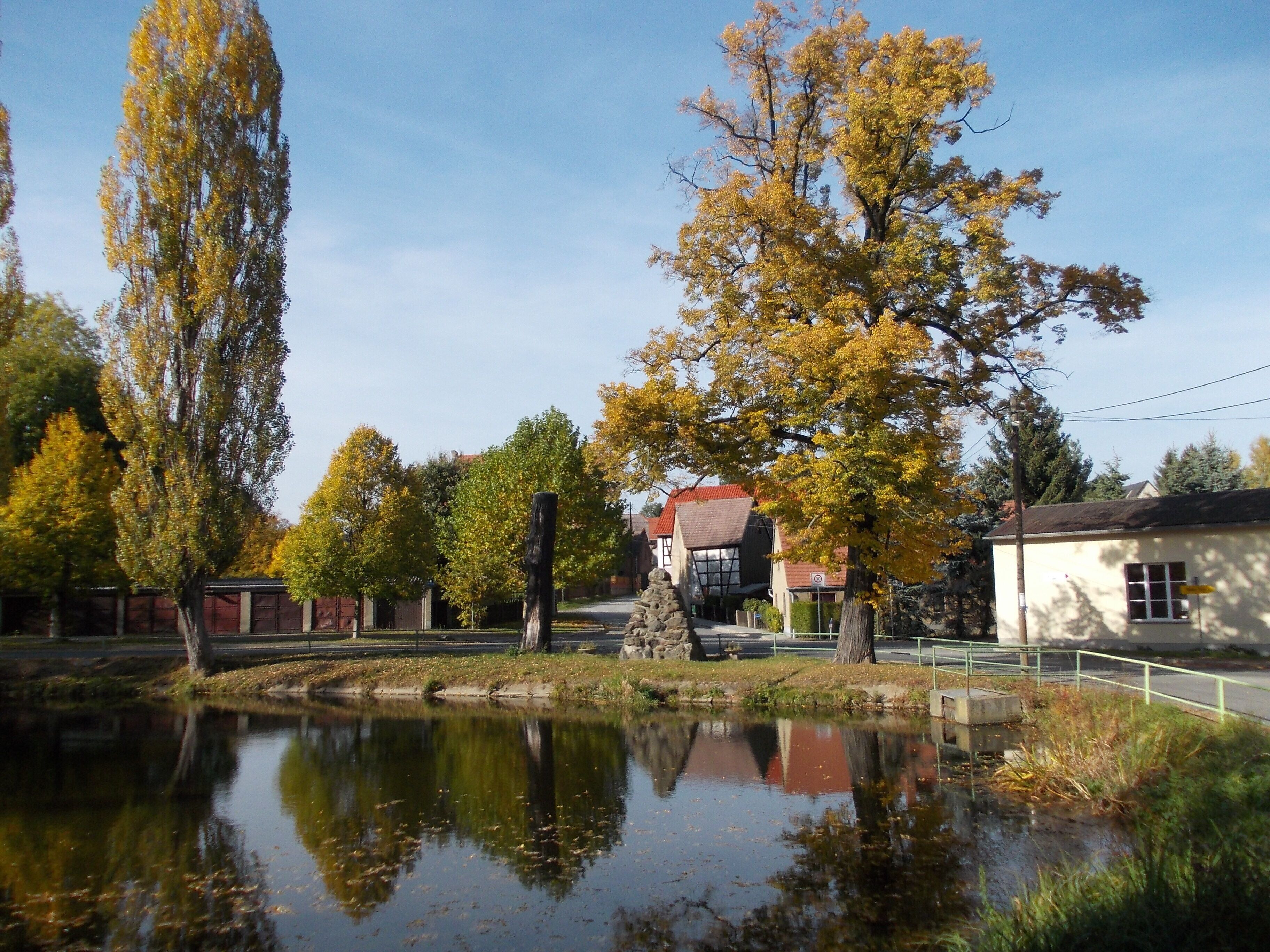 A pond with reflections, surrounded by autumn-colored trees and buildings.