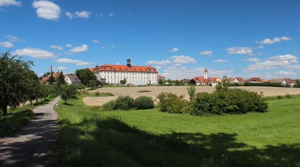 Panorama of Heidenfeld, seen from the monastery mill. In the middle: Monastery "Maria Hilf". Right of center: parish church St. Laurentius