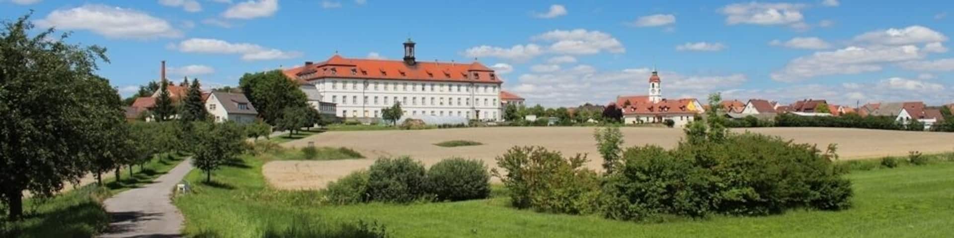 Panorama of Heidenfeld, seen from the monastery mill. In the middle: Monastery "Maria Hilf". Right of center: parish church St. Laurentius