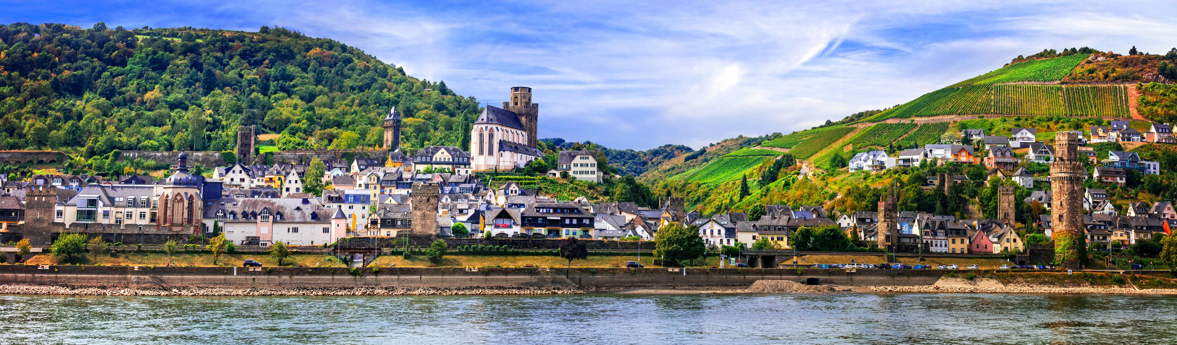 A riverside town with historic buildings, a church, and vineyards on the hills.