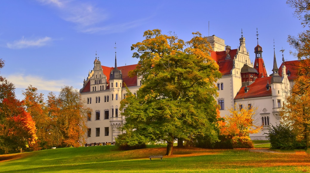 Ein großes, historisches Gebäude mit roten Ziegeldächern und aufwendigen Türmen, umgeben von Bäumen in Herbstfarben und einem gepflegten Rasen.