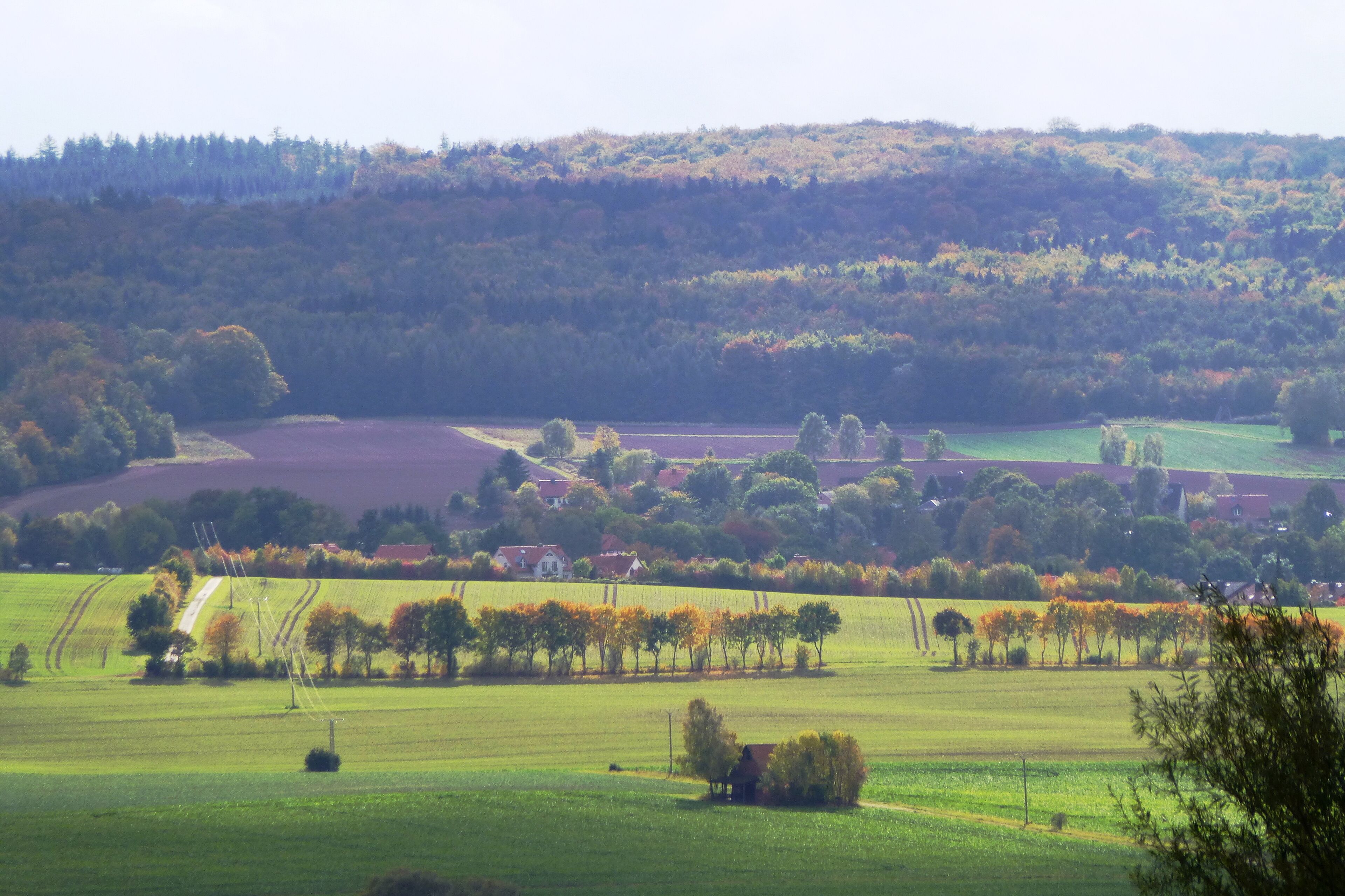 Blick vom Südrand des Göttinger Waldes nach Süden über Reinhausen auf den Allerberg im Reinhäuser Wald