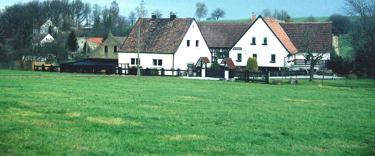 A rural landscape with a large green field, two white houses with red roofs, and a few trees in the background.