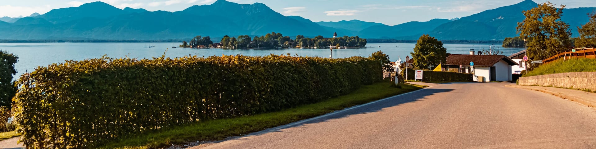 Beautiful alpine summer view with the famous Fraueninsel at Gstadt, Chiemsee, Bavaria, Germany