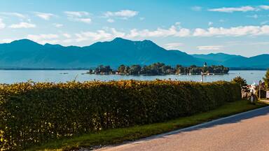 Beautiful alpine summer view with the famous Fraueninsel at Gstadt, Chiemsee, Bavaria, Germany