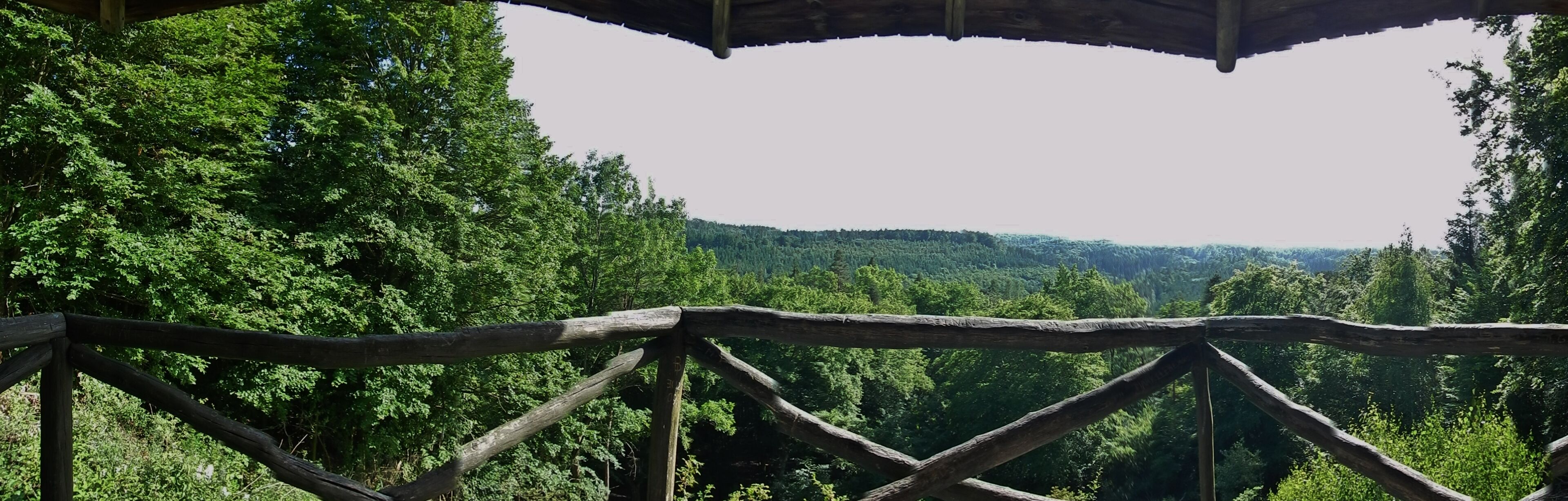 A wooden fence overlooking a dense forest and a distant mountain range.