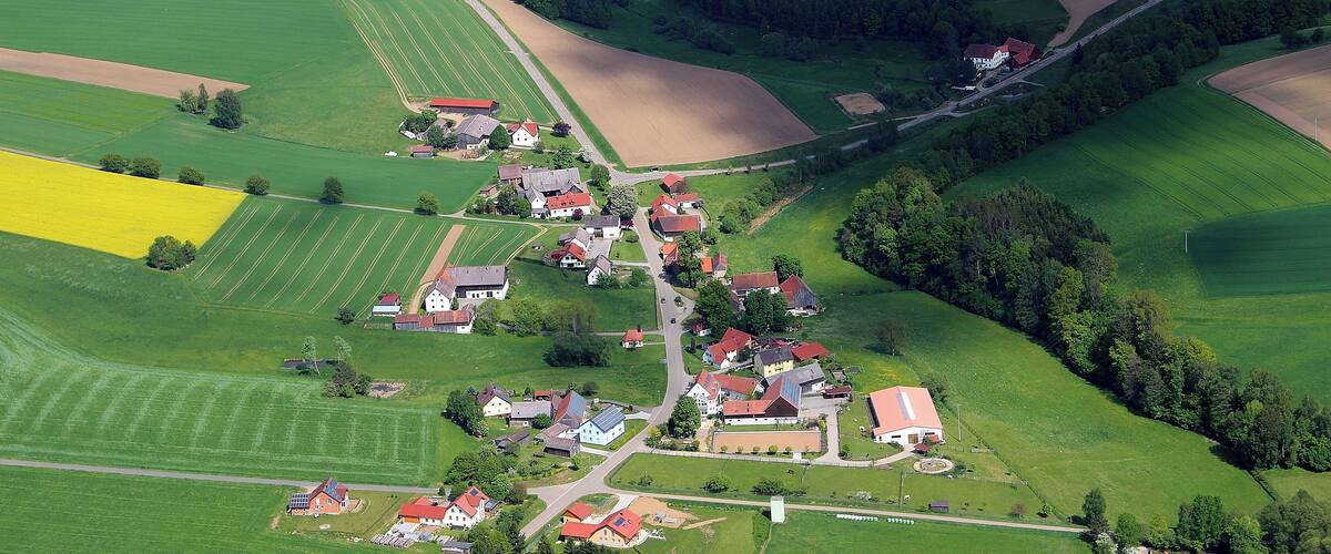 An aerial view of a rural village with green fields, scattered houses, and a small pond.